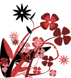 Abstract red, pink and black flowers with their leaves