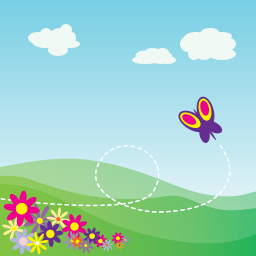 Green countryside with flowers and a butterfly