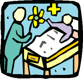 A flower is given to a patient in a bed